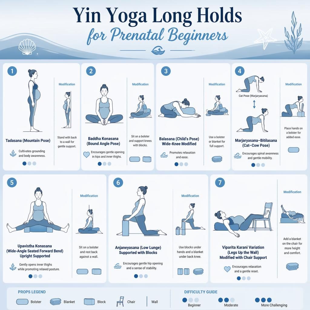 Infographic with 7 prenatal yin yoga poses in ocean blue line art, showing props, gentle modifications, benefits, and difficulty dots.