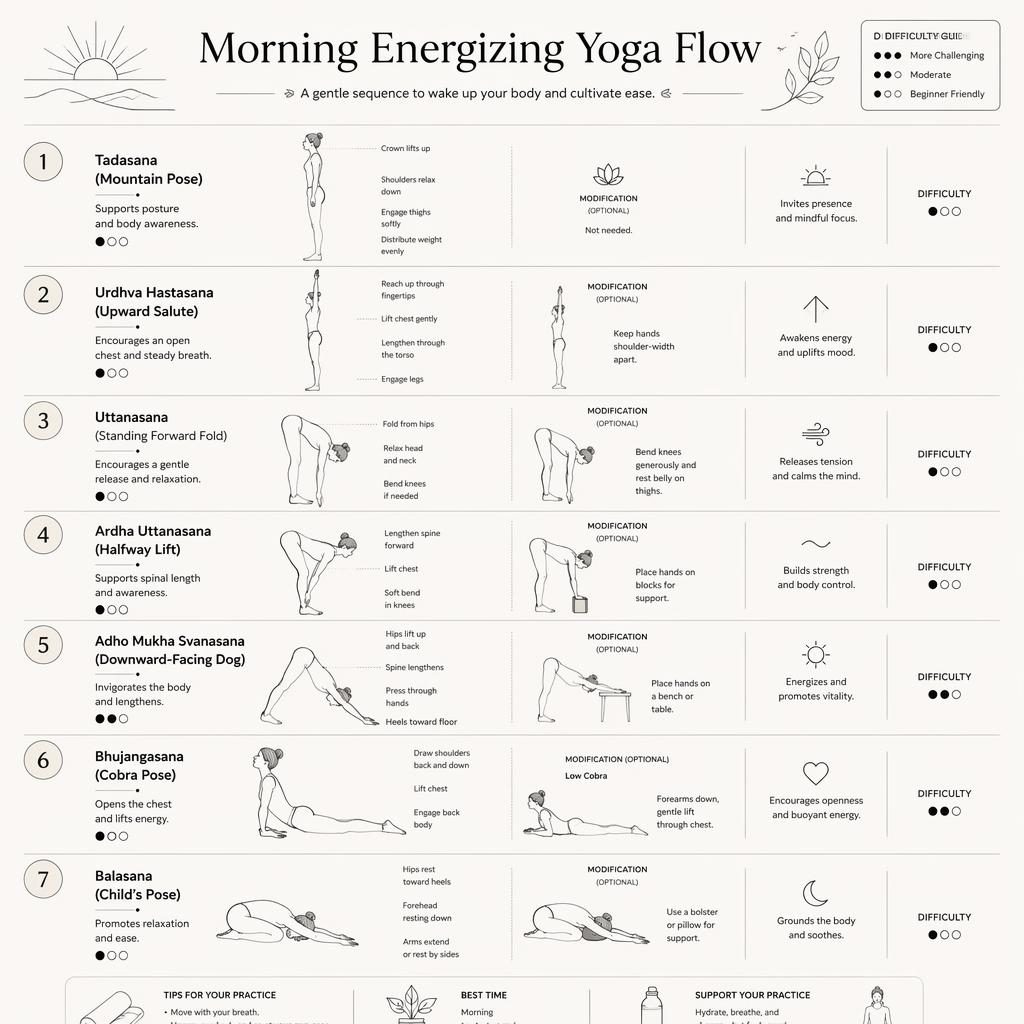 Monochrome yoga infographic with 7 numbered beginner poses, alignment cues, pose names, benefits, and easy modifications.