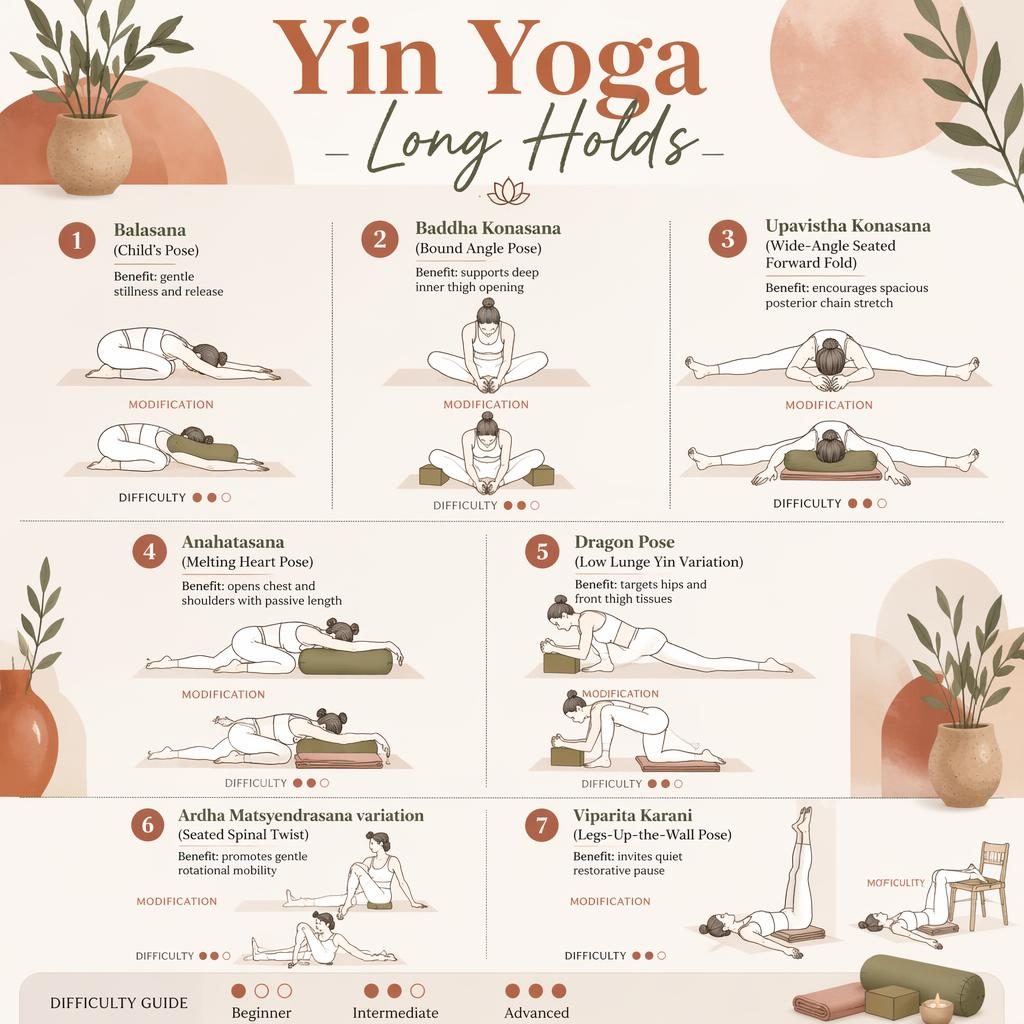 Pastelová infografika Yin Yoga Long Holds se 7 očíslovanými jógovými pozicemi, liniovými siluetami a pomůckami.