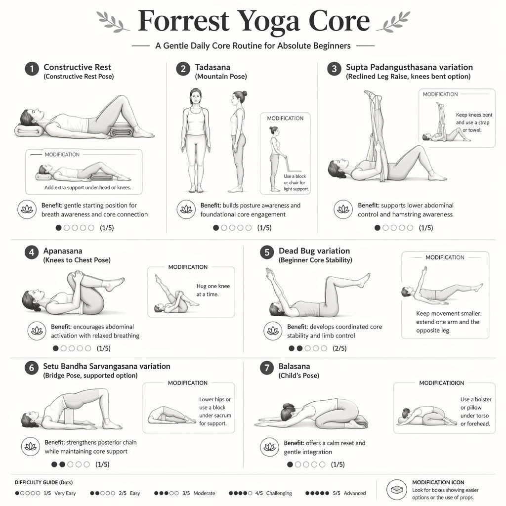 Monochrome infographic of 7 beginner Forrest Yoga core poses with numbered figures, benefits, difficulty dots, and props.
