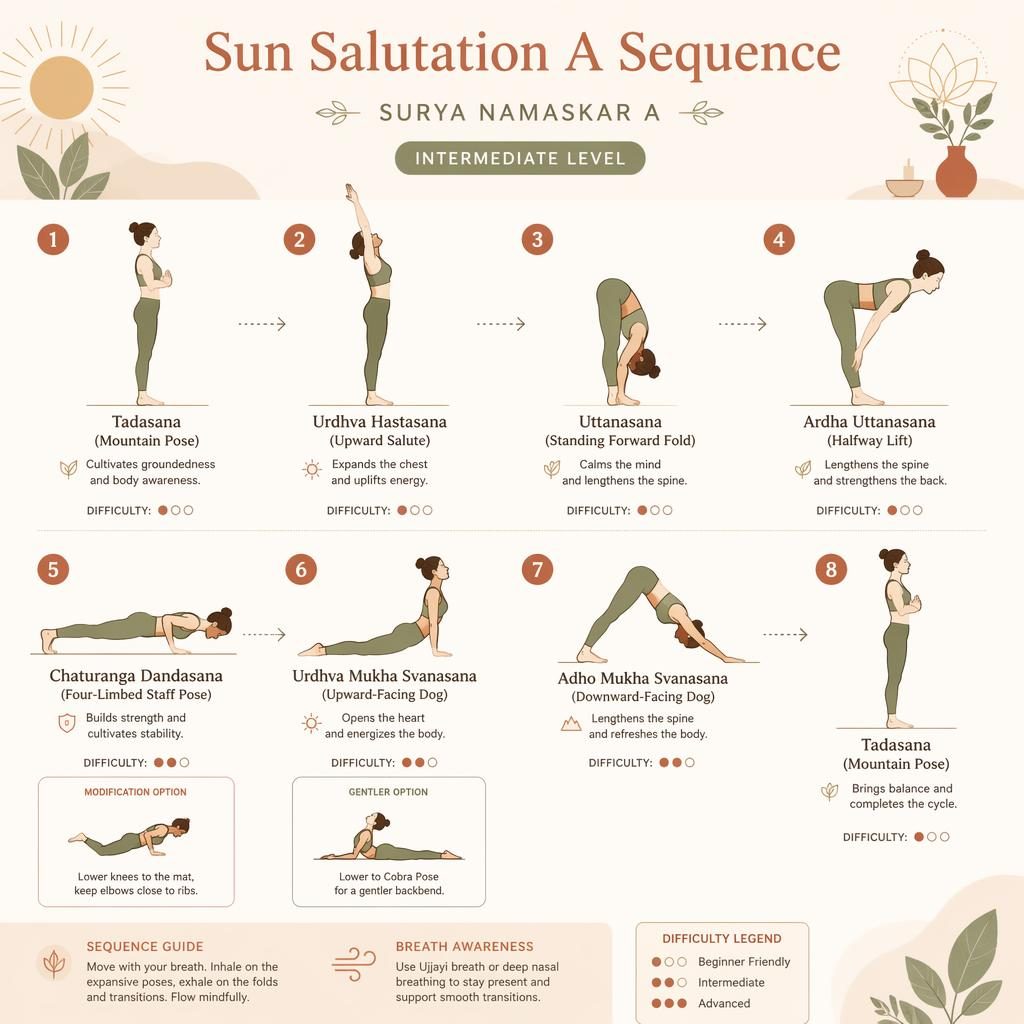 Pastel yoga infographic showing 8 numbered Sun Salutation A poses with Sanskrit and English names, benefits, and modifications.