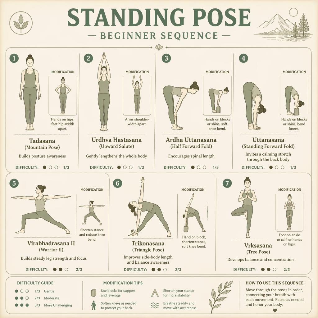 Infographic titled Standing Pose Beginner Sequence with 7 numbered yoga figures in sage and cream, plus small modification insets.