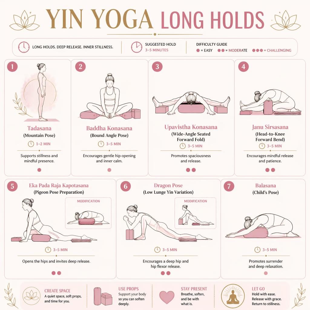 Editorial yin yoga pose chart with 7 numbered figures, pastel pink and gold grid, props, benefits, and beginner pigeon pose.