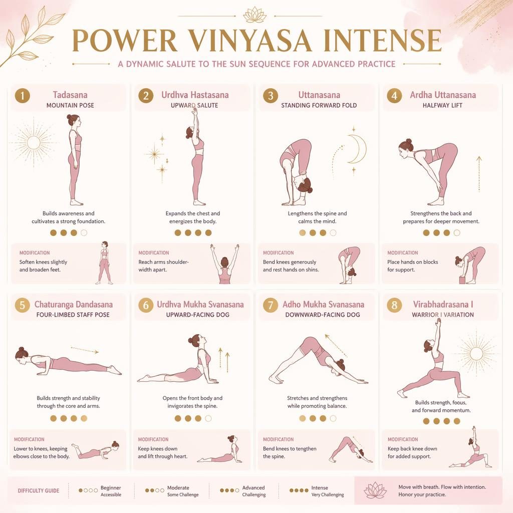 Pastel pink and gold yoga infographic with 8 numbered figures showing a salute to the sun yoga routine sequence.