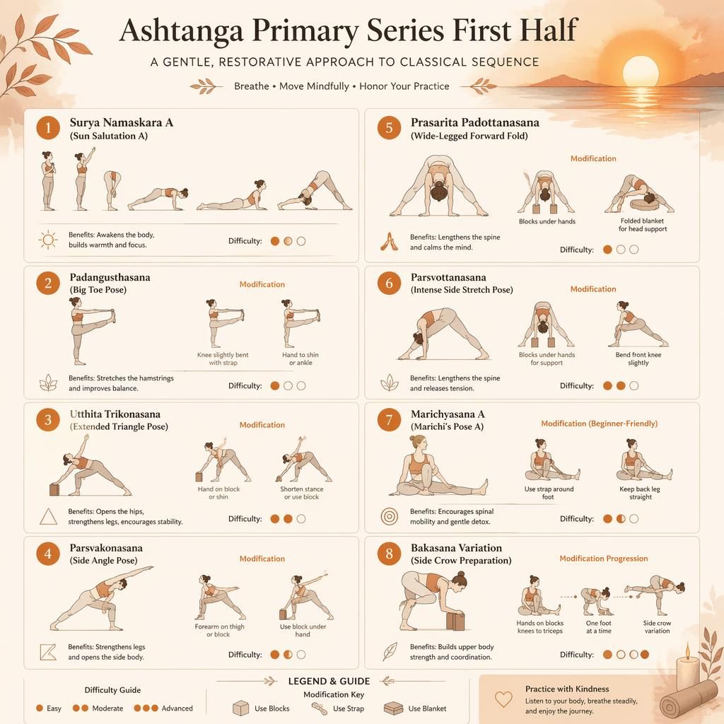 Infographic of 8 gentle Ashtanga Primary Series poses, including modified Marichyasana A and side crow for beginners.