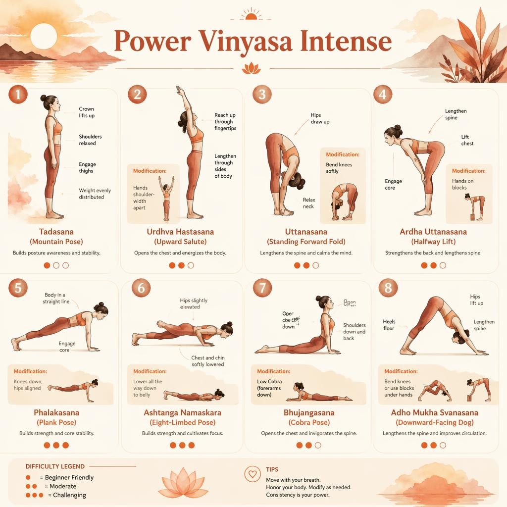 Watercolor yoga pose chart with 8 numbered figures for a salute to the sun yoga routine in warm sunset tones.