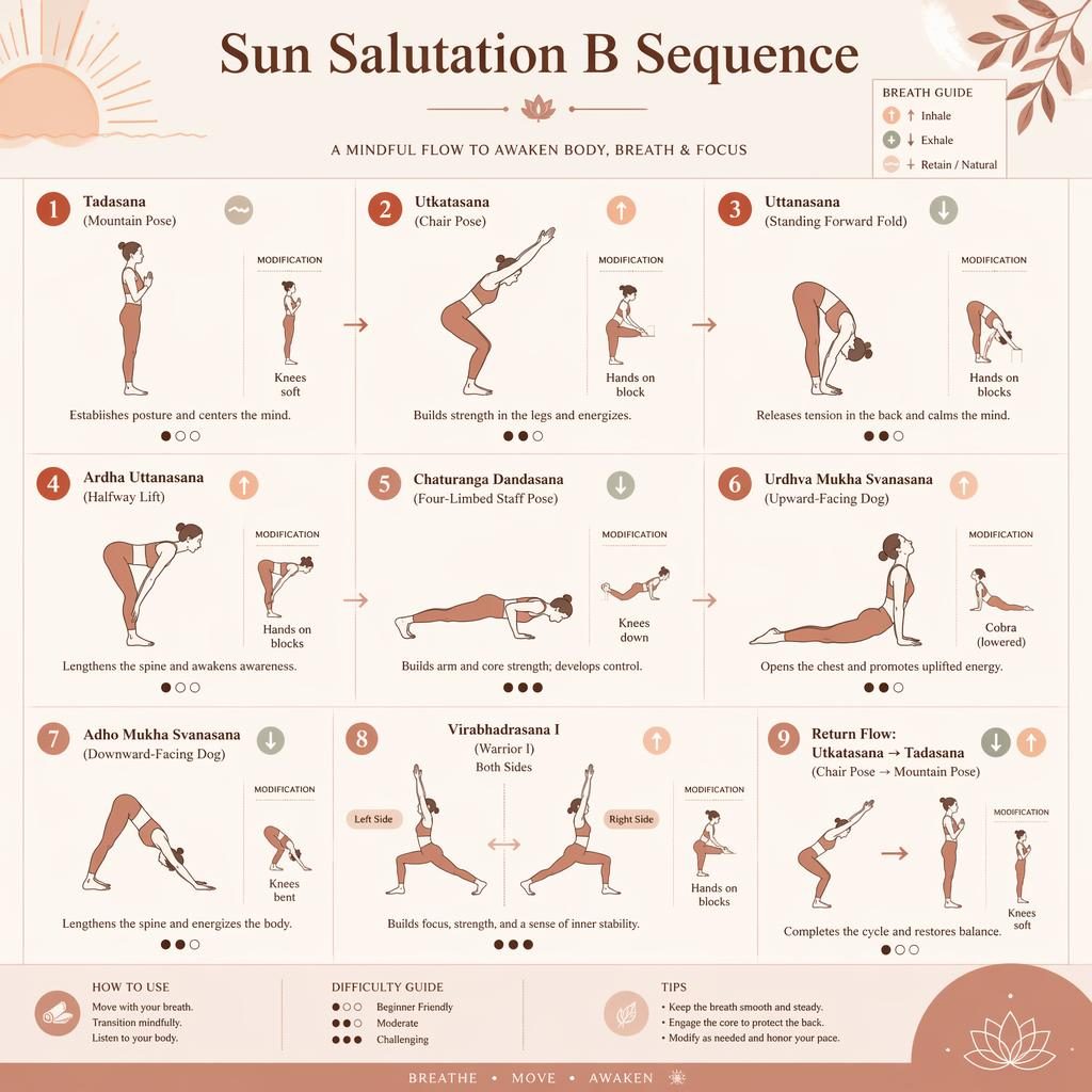 Infographie de 9 postures du Surya Namaskar B, silhouettes au trait, palette terre cuite pastel et légendes en anglais.