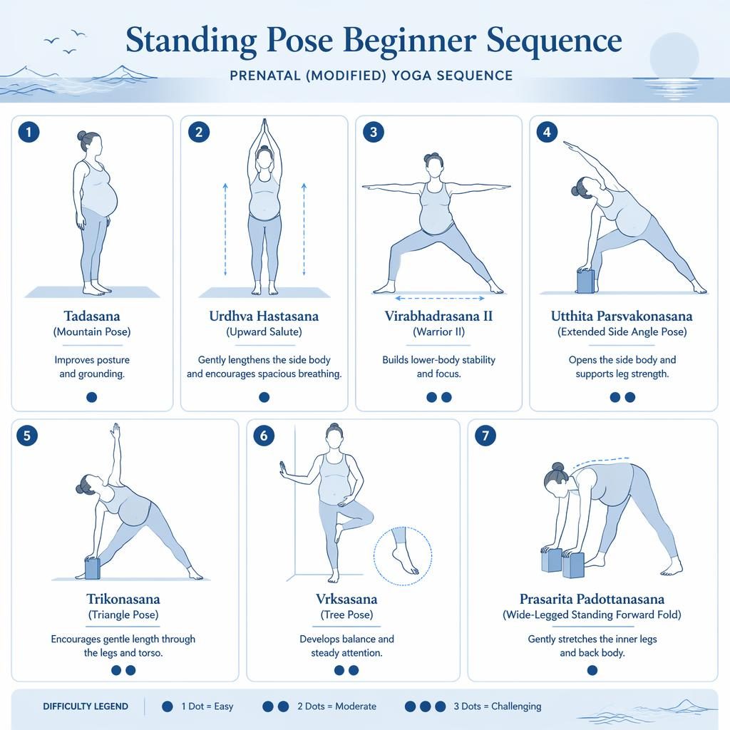 Infographic of 7 prenatal-modified standing yoga poses in ocean blue line art with labels, benefits, props, and difficulty dots.