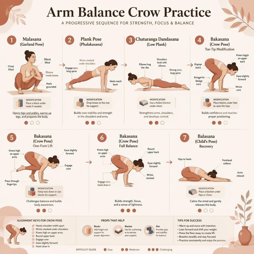 Pastel yoga infographic with 7 numbered Crow Pose practice figures, alignment cues, modifications, and warm earth tones.