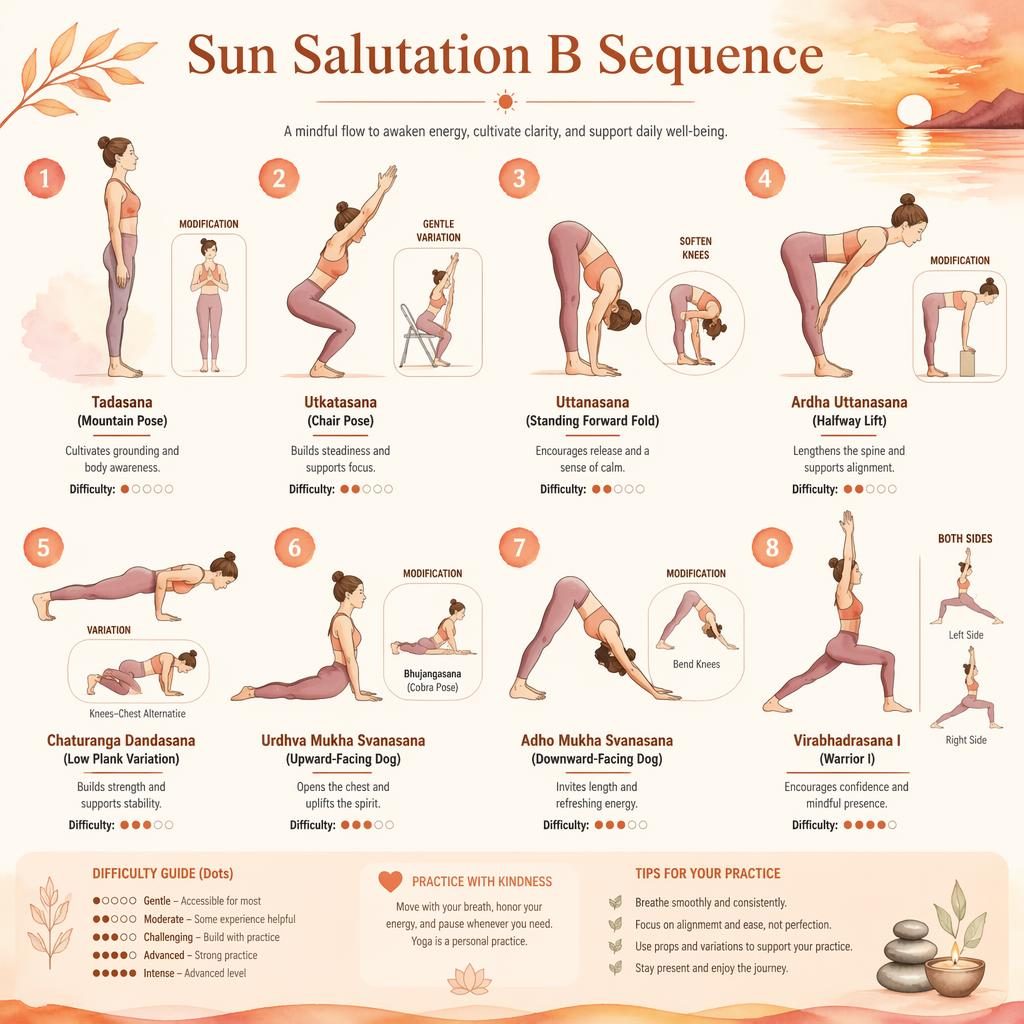Editorial infographic of Sun Salutation B with 8 numbered yoga poses, gentle variations, English labels, and sunset watercolor styling.
