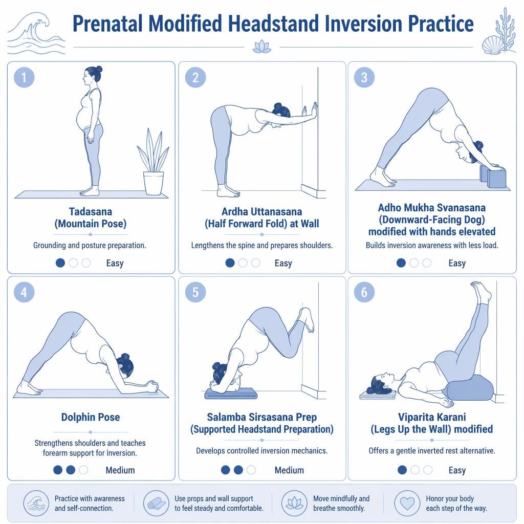 Ocean blue yoga infographic with 6 prenatal basic poses, including modified headstand prep, wall support, blocks, and bolster.
