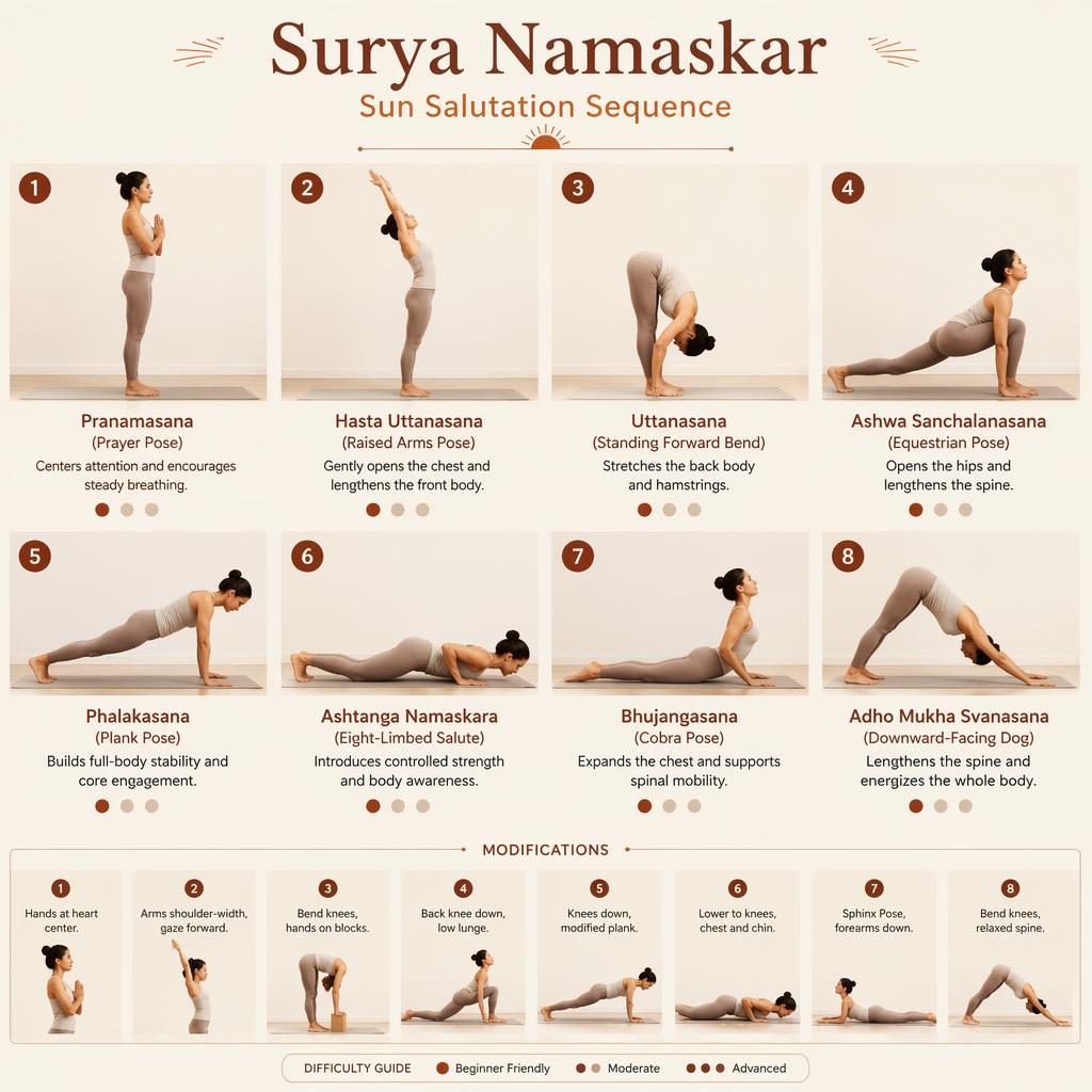 Infographie de salutation au soleil avec 8 postures de yoga, femme adulte en studio, labels anglais, fond épuré.