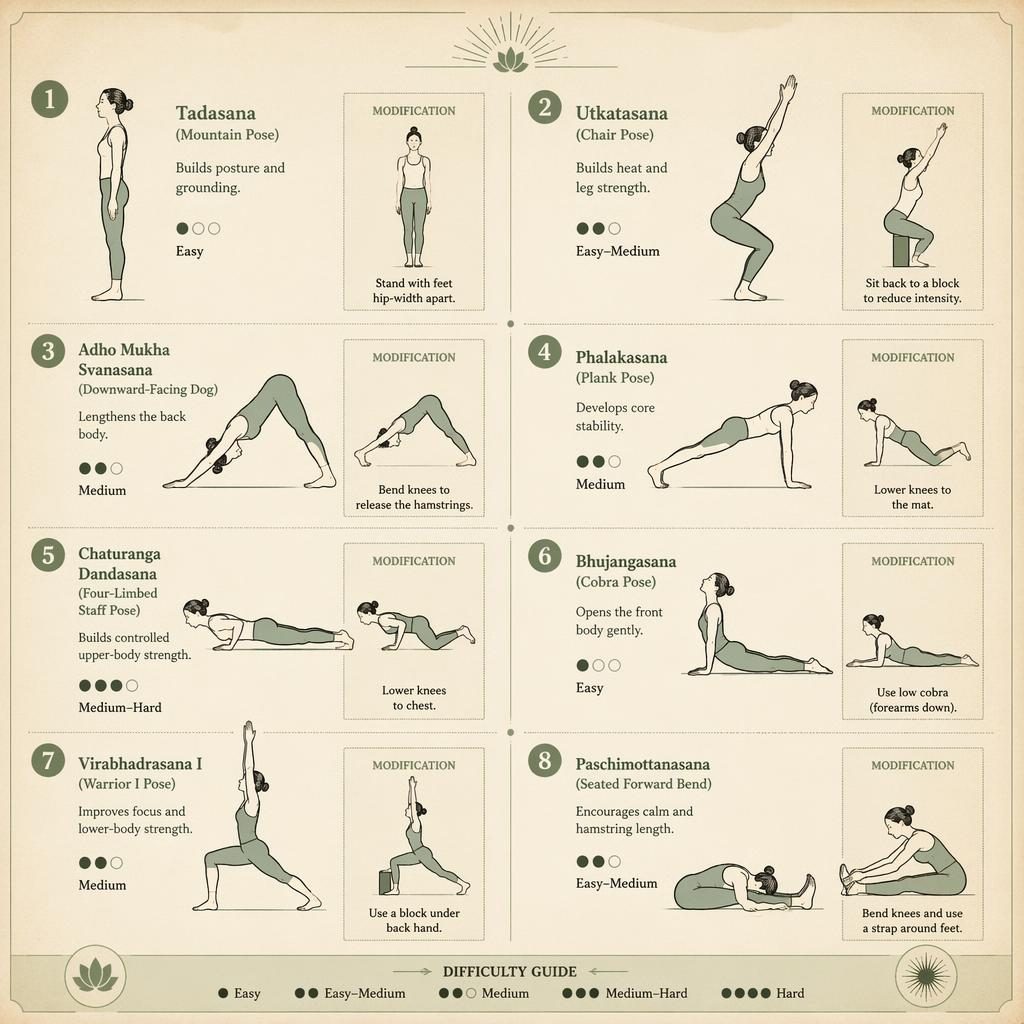 Vintage-style yoga infographic poster with 8 numbered poses, English labels, benefits, difficulty dots, and beginner mods.