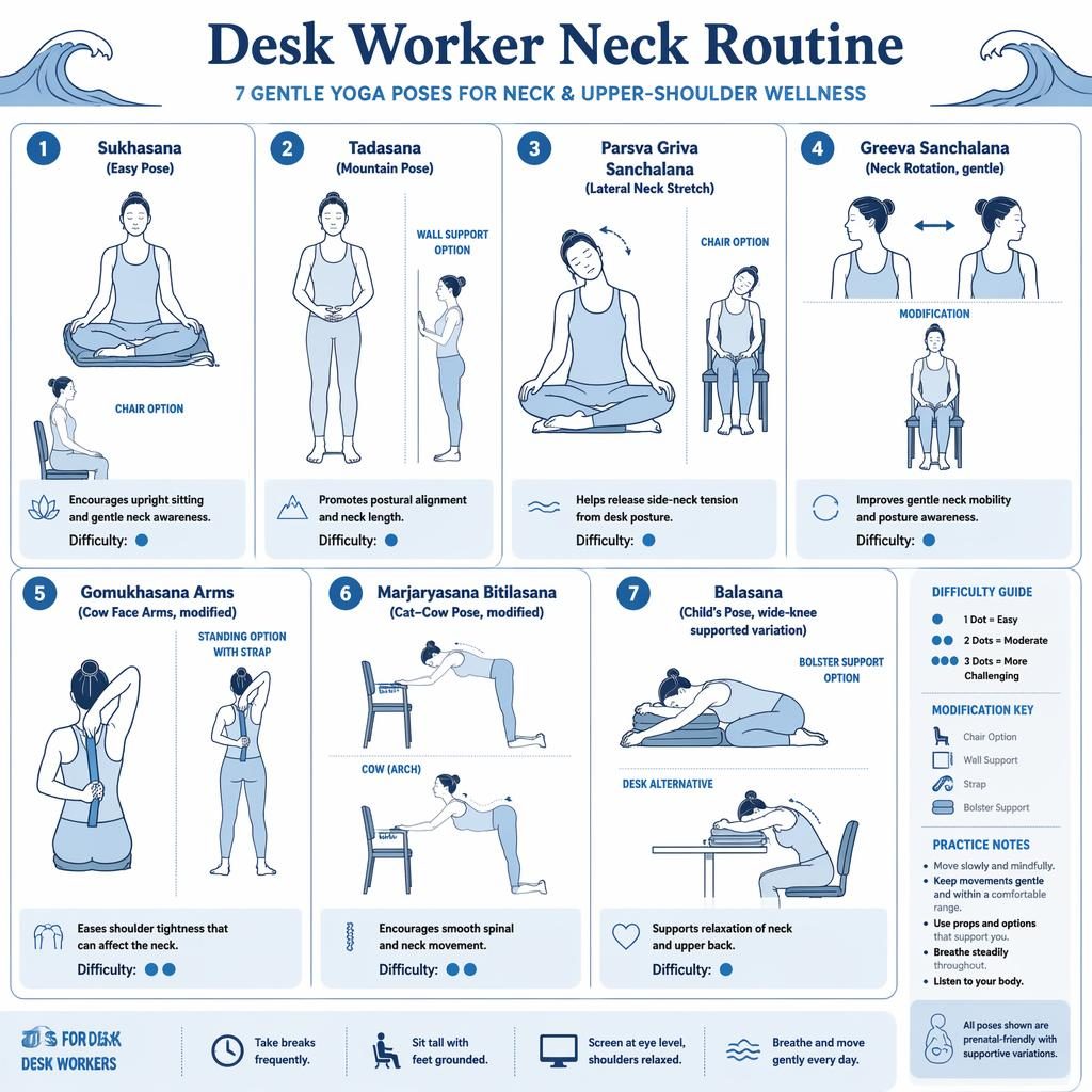 Ocean blue pose chart infographic with 7 prenatal-modified yoga figures for desk worker neck and shoulder wellness.