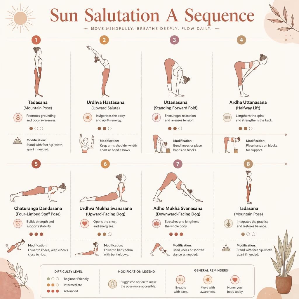 Pastel yoga infographic showing 8 numbered Sun Salutation A poses in a left-to-right asana gantt chart layout.