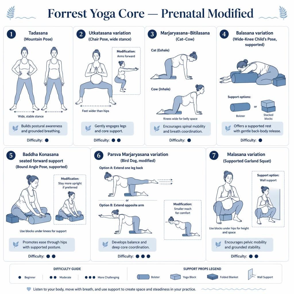 Infographic with 7 prenatal-modified Forrest Yoga core poses in ocean blue line art, showing props, benefits, and difficulty dots.