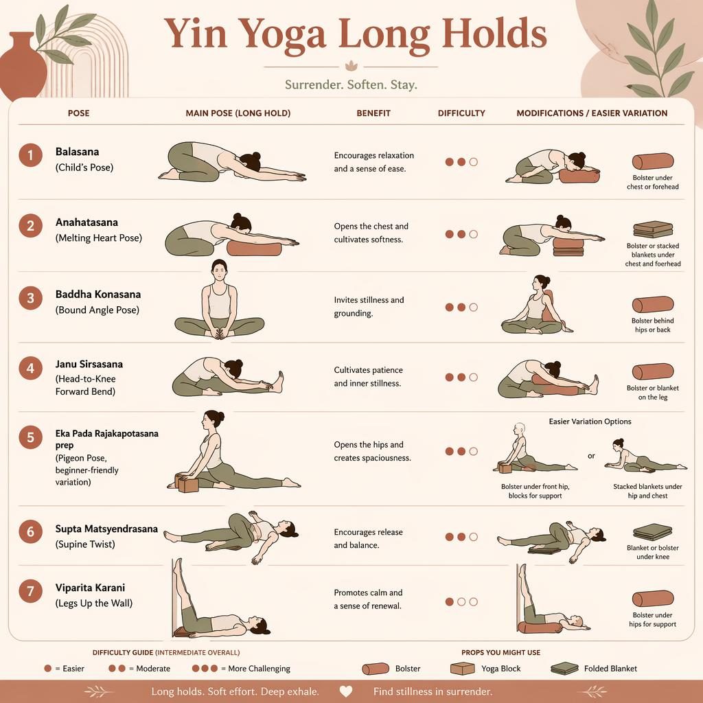 Yin yoga infographic with 7 numbered pose silhouettes, English labels, benefits, difficulty dots, and beginner pigeon pose mod