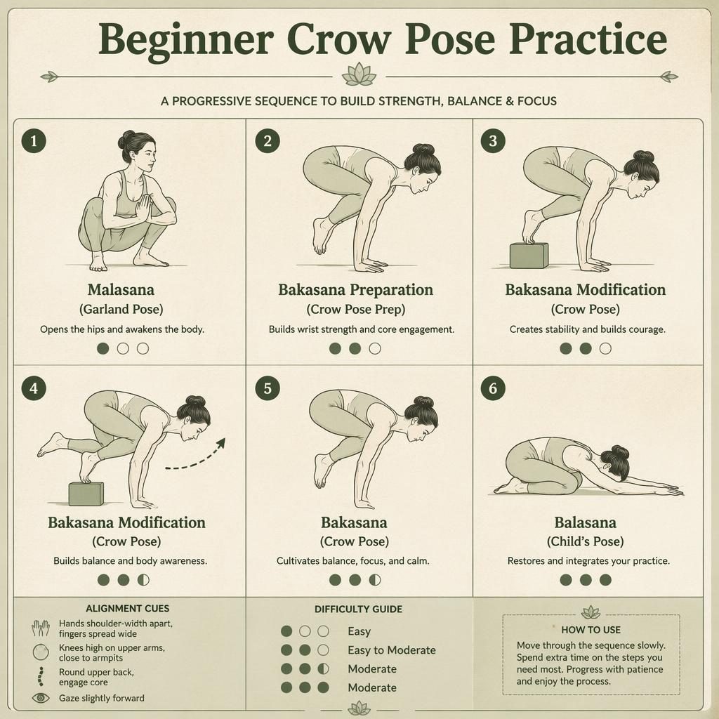Infographic titled Beginner Crow Pose Practice with 6 numbered yoga figures, English labels, benefits, and difficulty dots.