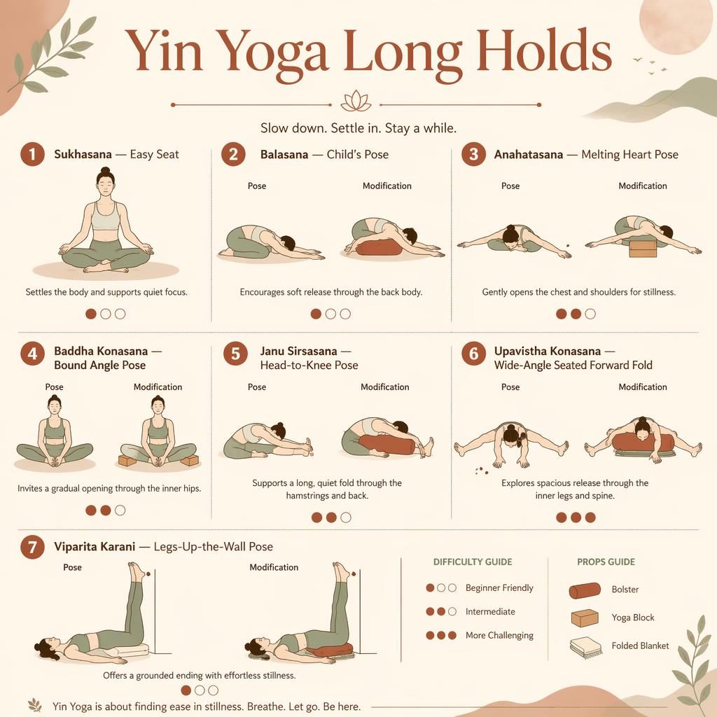 Pastel yin yoga infographic with 7 numbered poses, Sanskrit and English labels, benefits, difficulty dots, and prop mods.