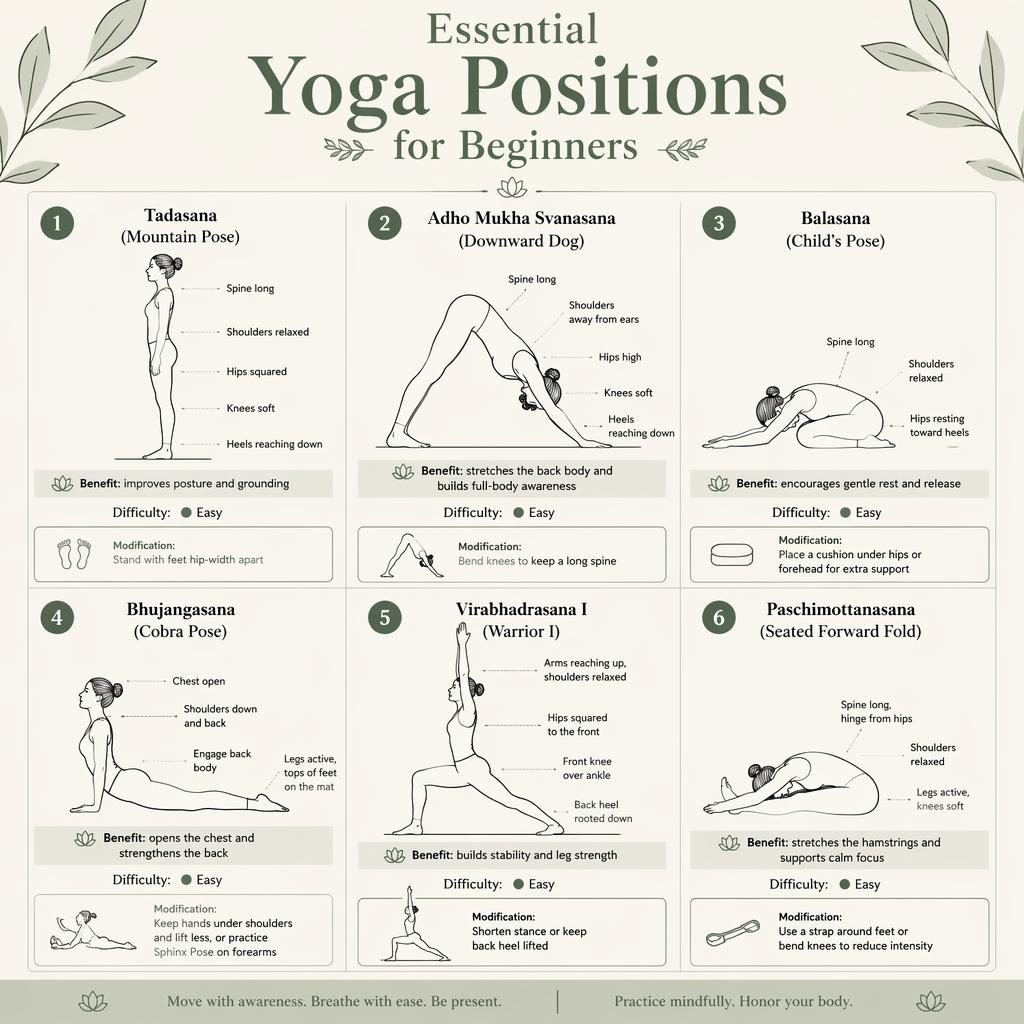 Affiche infographique position yoga avec 6 postures débutant numérotées, silhouette adulte, palette sauge et crème