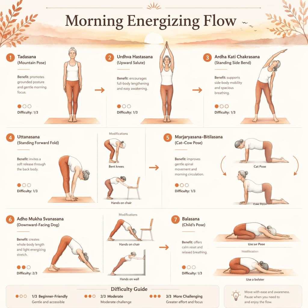 Editorial yoga pose chart with 7 numbered figures, watercolor silhouettes, modifications, arrows, and difficulty dots.