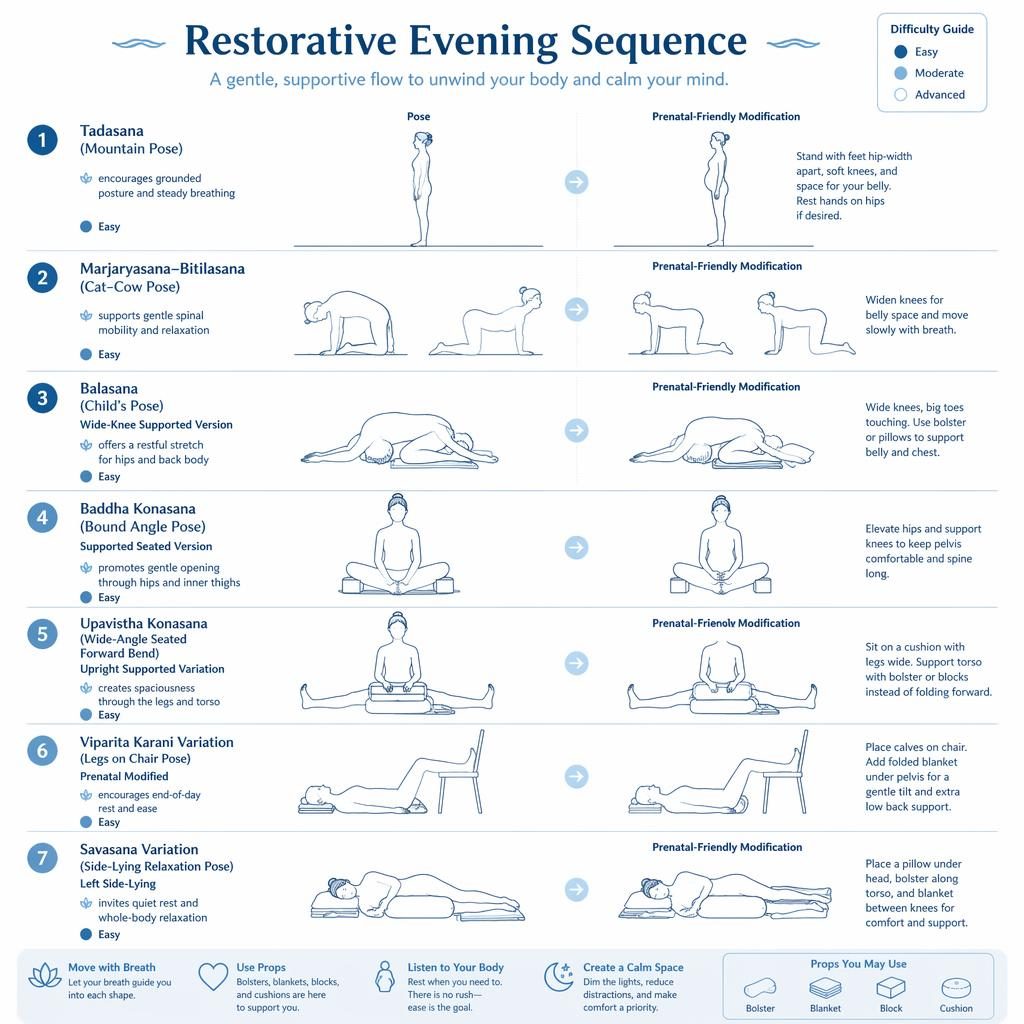 Vertical yoga infographic with 7 numbered restorative poses in ocean blue line art, showing prenatal-friendly supports and easy labels.