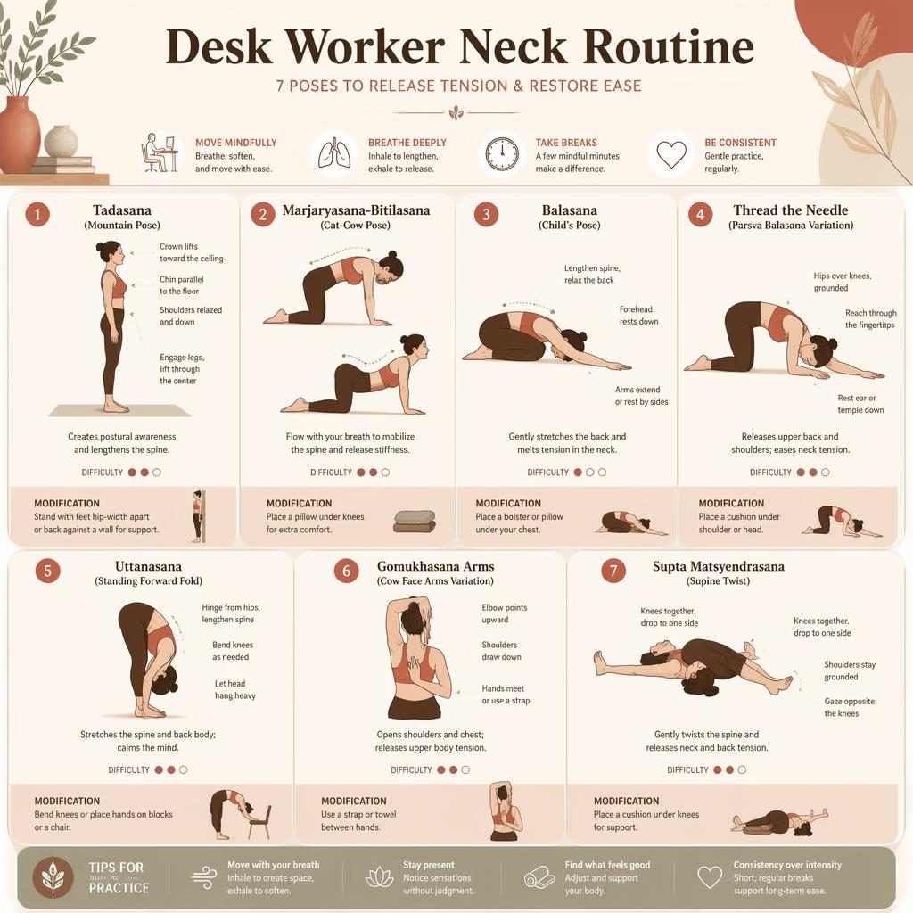 Pastel wellness infographic with 7 numbered yoga figures for desk worker neck routine in warm beige and terracotta tones.