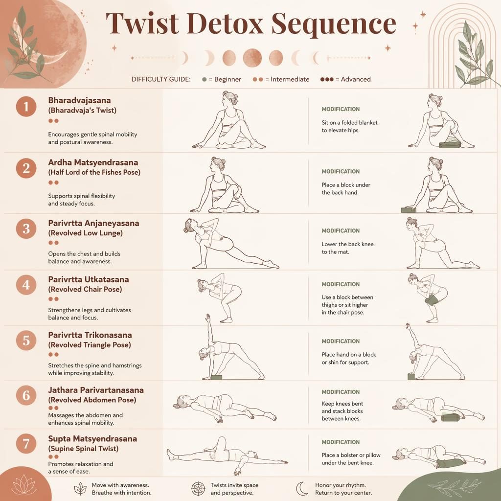 Pastel yoga infographic titled Twist Detox Sequence with 7 numbered twisting poses, English labels, benefit lines, and prop variations.