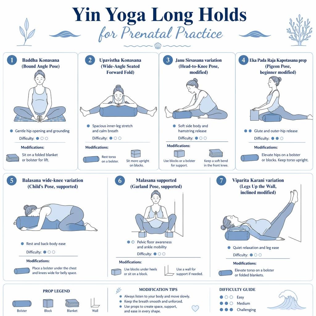 Editorial infographic of 7 prenatal yin yoga poses in an ocean blue grid, including a clear beginner pigeon pose variation.