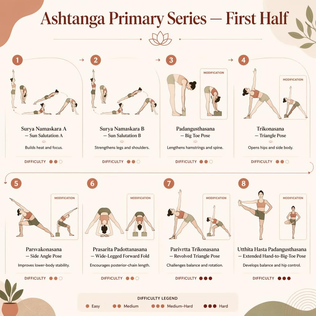 Editorial yoga infographic poster with 8 numbered Ashtanga poses, English labels, benefits, difficulty dots, and mods.
