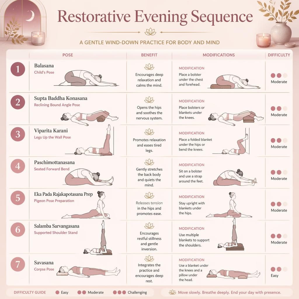 Pastel pink and gold yoga infographic with 7 numbered restorative poses, English labels, benefits, difficulty dots, and props.