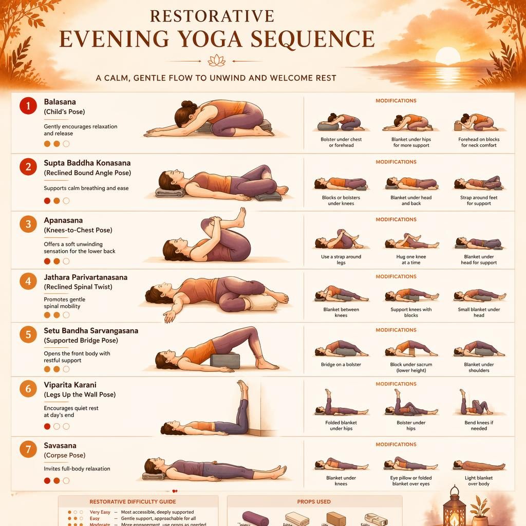 Vertical yoga infographic with 7 numbered restorative poses, Sanskrit and English labels, benefits, props, and sunset orange art.