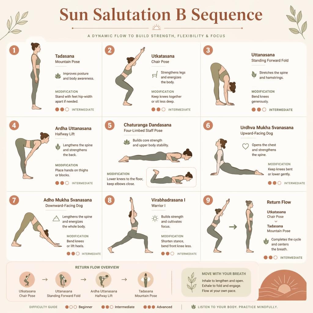 Pastel yoga infographic showing 9 Sun Salutation B poses with arrows, English labels, benefits, and modification options.
