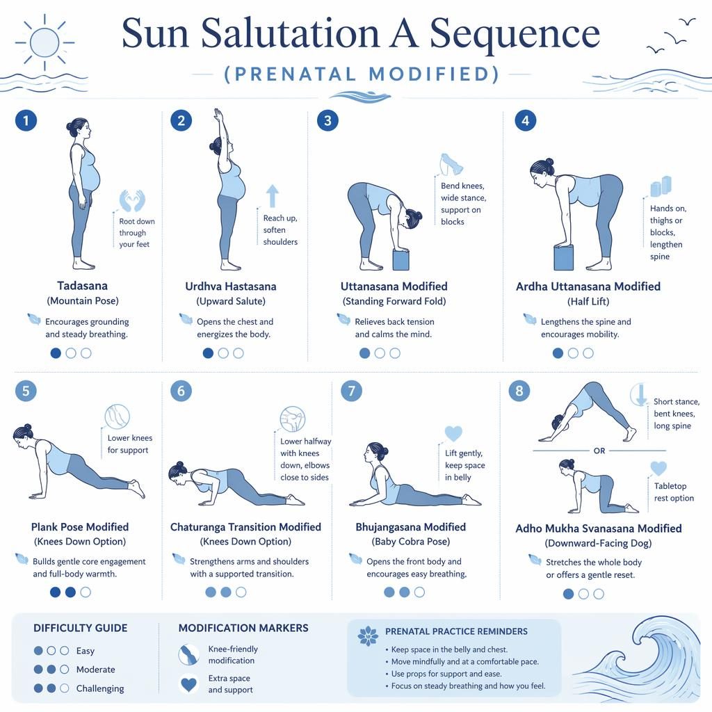 Minimal ocean-blue infographic of 8 prenatal-modified Sun Salutation A poses with labels, benefits, difficulty dots, and legend.