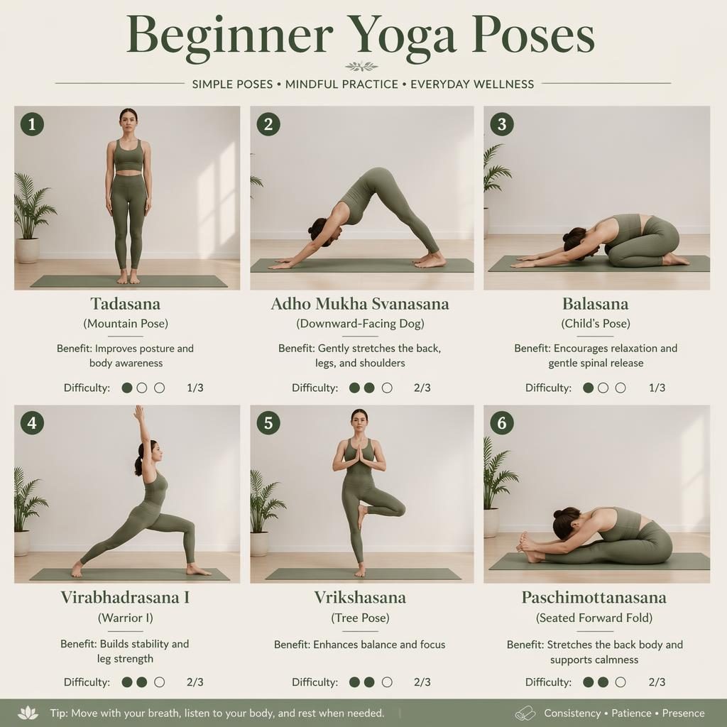 Infographic met 6 beginner yoga poses in serene studio, salie-crème kleuren, zachte belichting en Engelse labels.