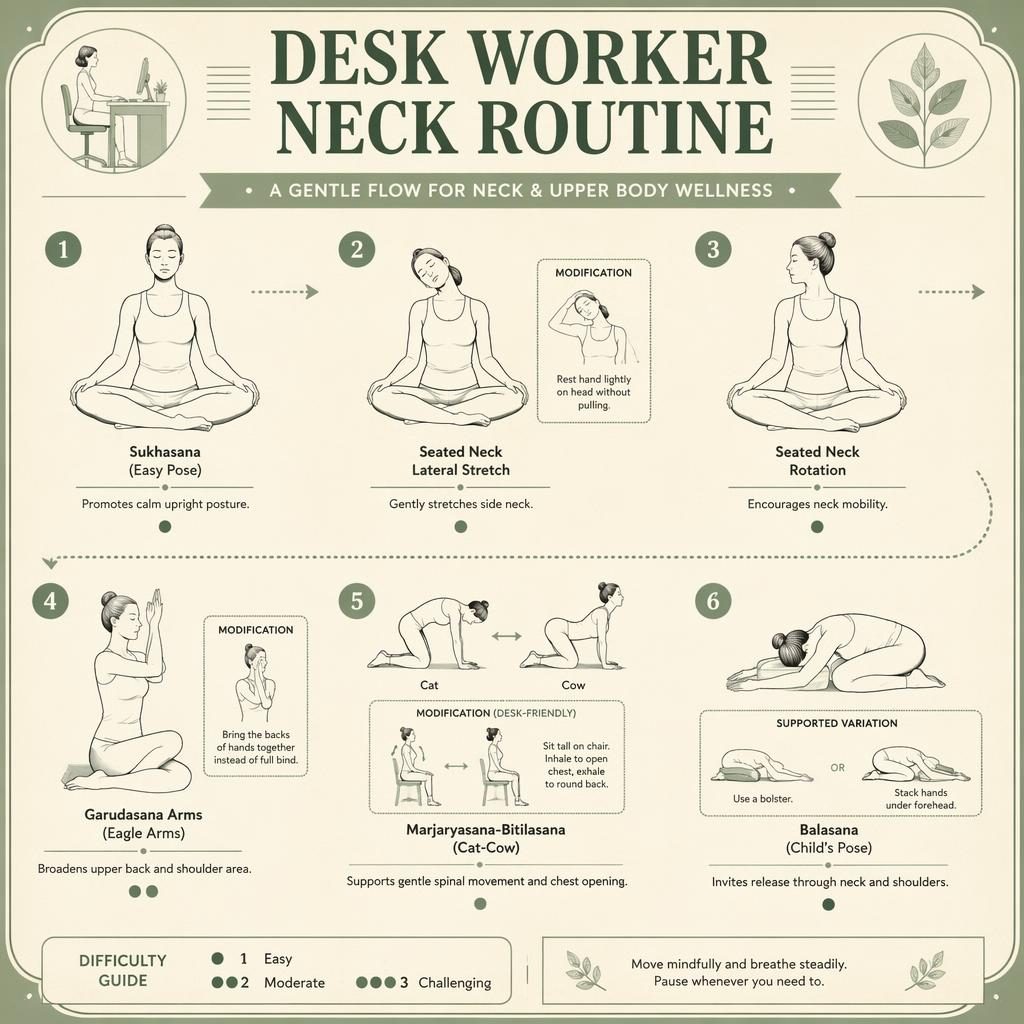 Vintage-style yoga infographic with 6 numbered neck routine poses, sage and cream palette, English labels and modifications.