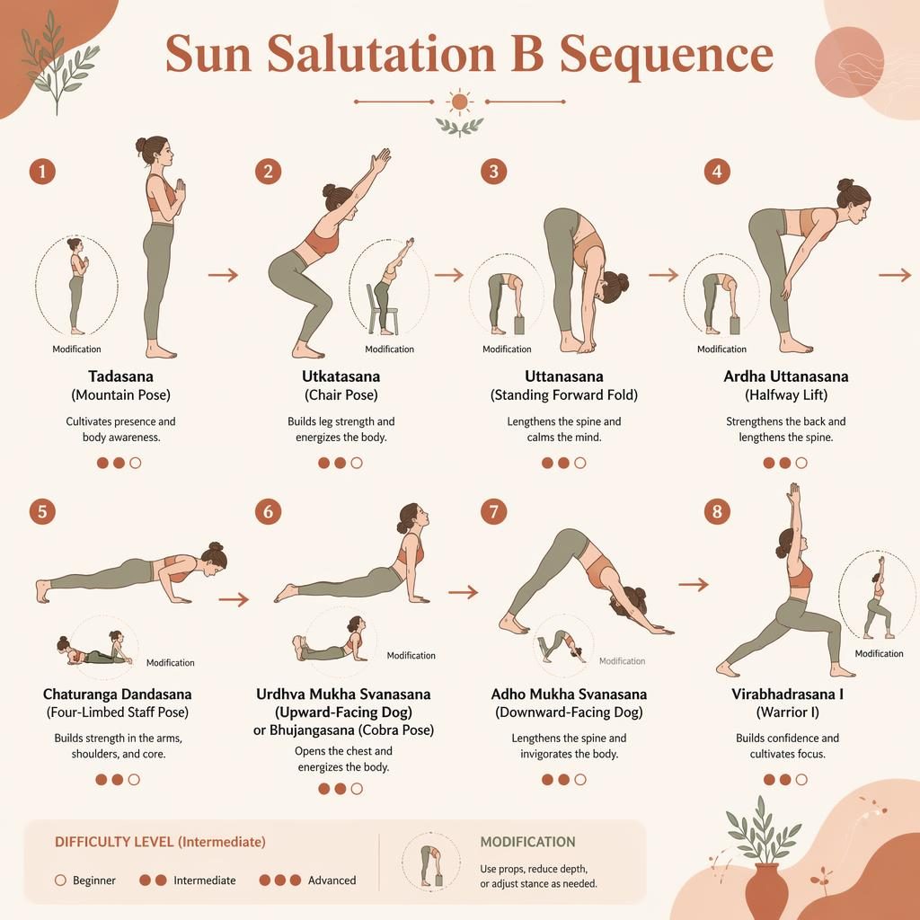 Infographic of Sun Salutation B with 8 numbered yoga poses, arrows, English labels, benefits, and gentle modifications.