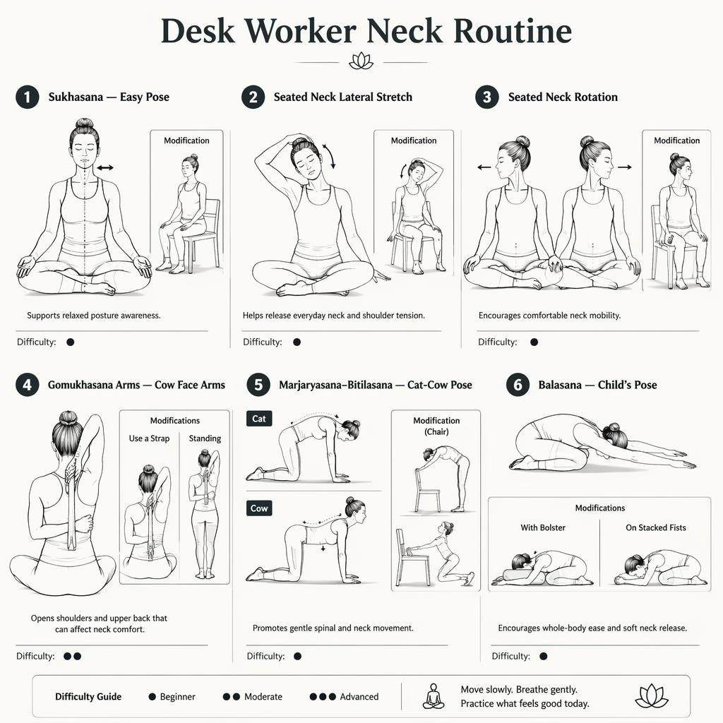 Infographic titled Desk Worker Neck Routine with 6 numbered beginner yoga poses in monochrome line art and modifications.