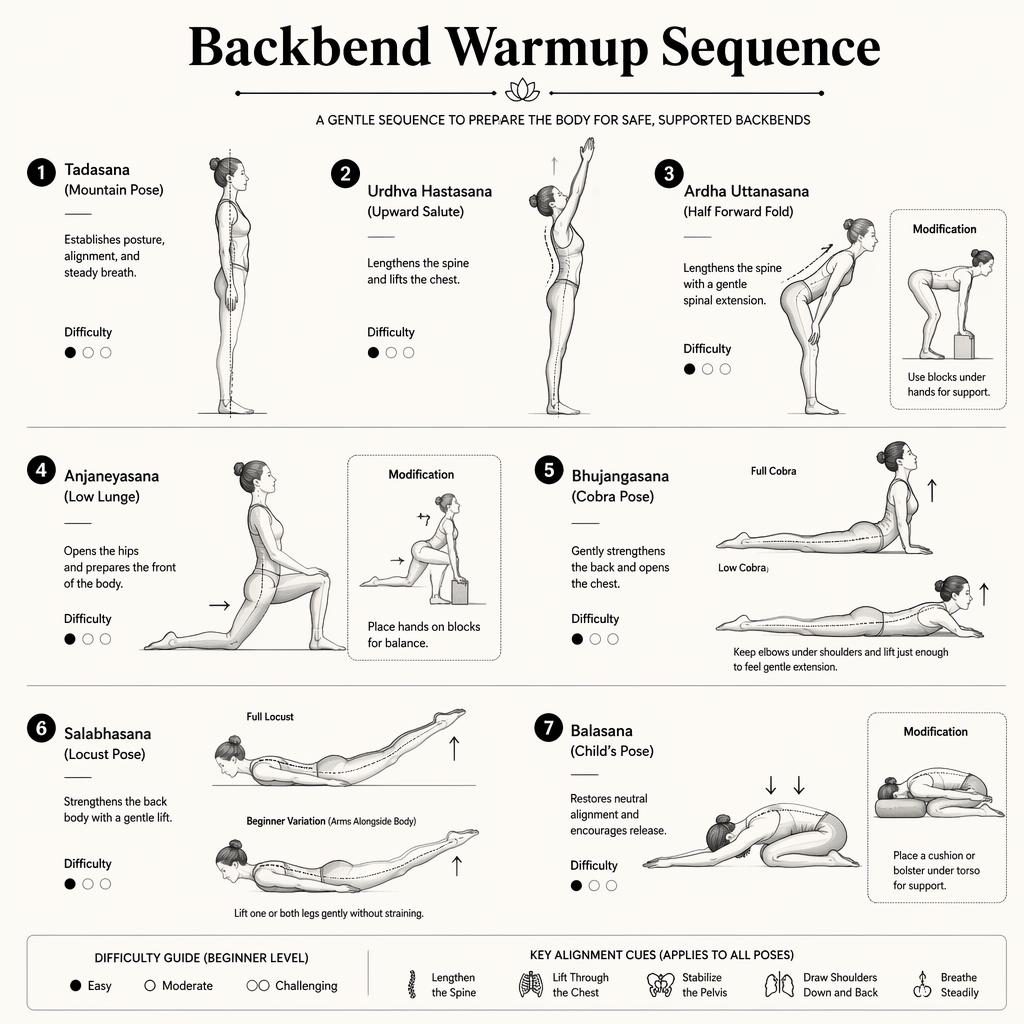 Monochrome infographic showing 7 beginner yoga backbend warmup poses with labels, benefits, difficulty dots, and mods.