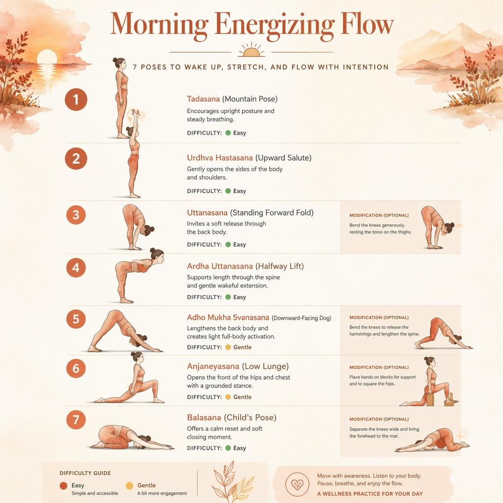 Vertical yoga poses and names chart with 7 watercolor figures, Sanskrit and English labels, benefits, and easy modifications.