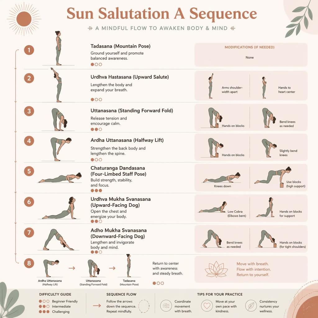 Vertical Sun Salutation A pose chart with 8 numbered yoga figures, English labels, benefits, difficulty dots, and modifications.