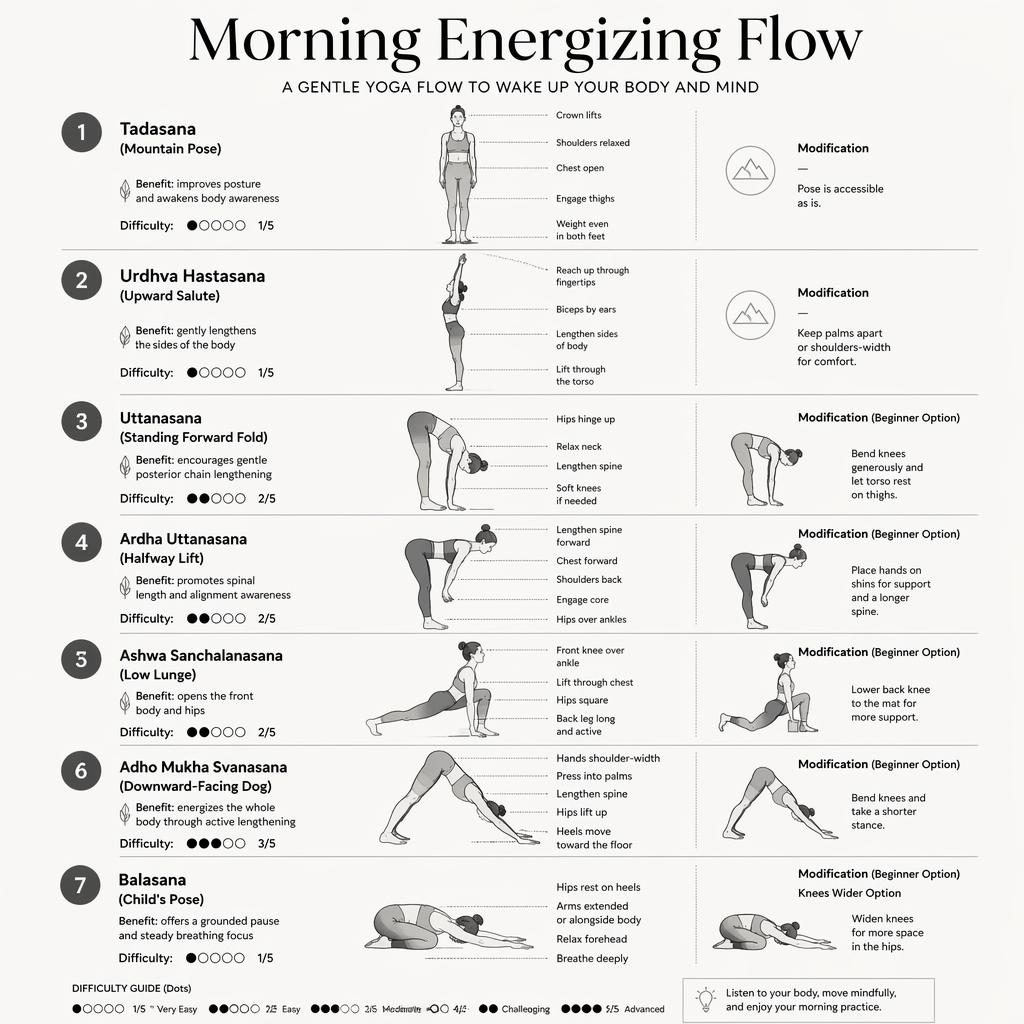 Monochrome yoga poses and names chart with 7 numbered beginner poses in a vertical infographic and alignment cues