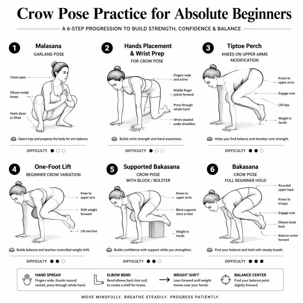 Monochrome yoga infographic with 6 numbered beginner Crow Pose figures, modifications, callout lines, and English labels.