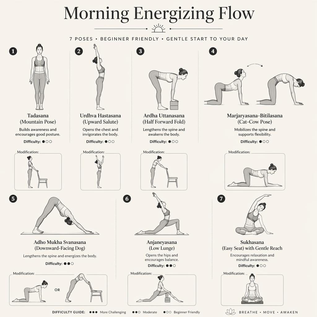 Monochrome yoga infographic with 7 numbered beginner poses, English labels, benefits, difficulty dots, and gentle modifications.