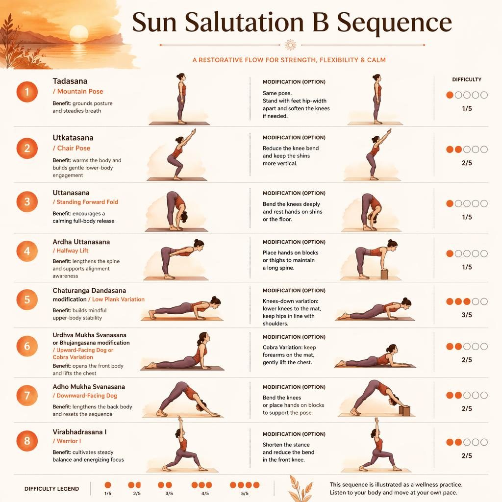 Infografía vertical de 8 posturas de yoga suaves en acuarela naranja, con modificaciones, beneficios y leyenda de dificultad.