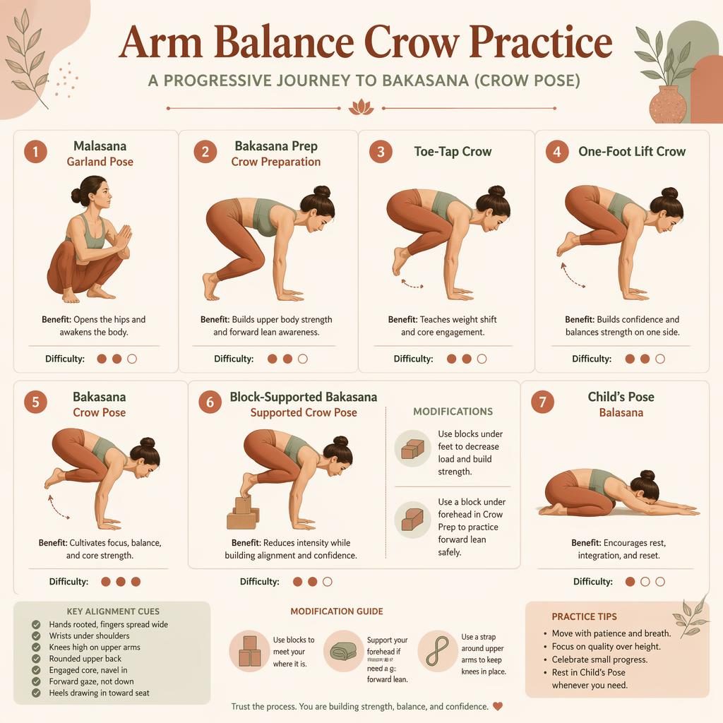 Pastel yoga infographic with 7 numbered figures showing Crow Pose progression, modifications, benefits, and alignment cues.