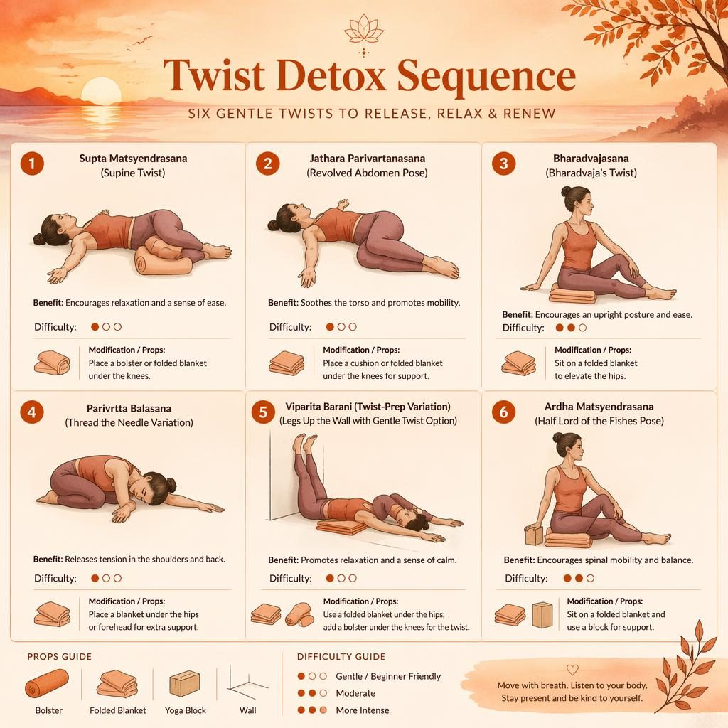 Watercolor yoga infographic with 6 numbered twist poses, props, benefits, difficulty dots, and inversion for beginners vibe.