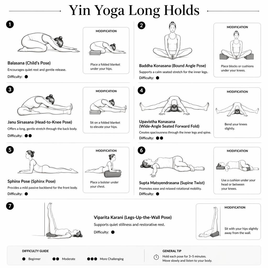 Editorial yoga pose chart with 7 numbered beginner poses, English labels, benefits, difficulty dots, and prop mods.