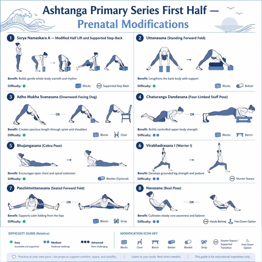 Editorial yoga infographic with 8 prenatal-modified Ashtanga poses in ocean blue line art, props, benefits, and difficulty dots.