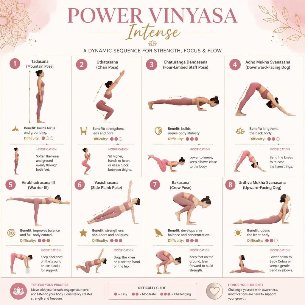 Editorial yoga infographic with 8 numbered power vinyasa poses, pastel pink and gold, labels, benefits, and difficulty dots.